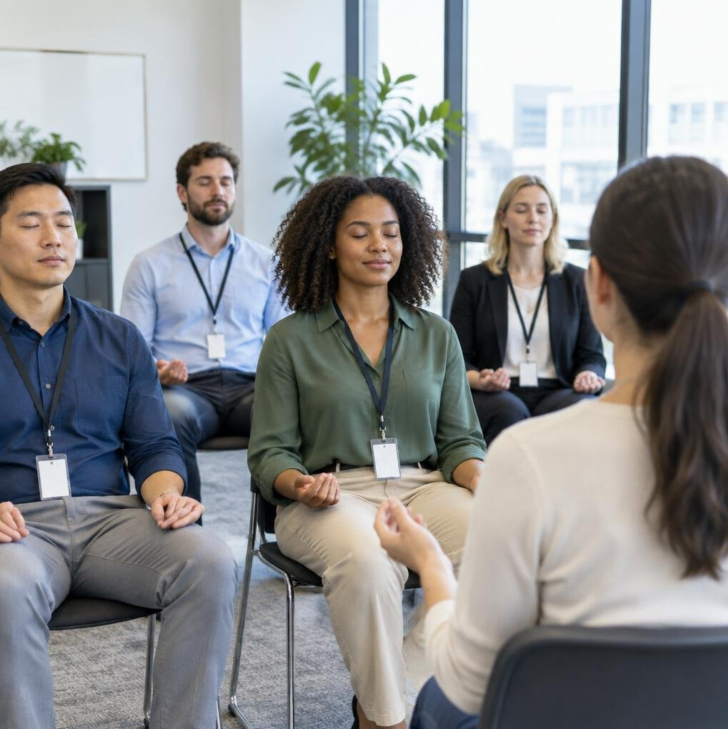 Employees participating in a guided office wellness session
