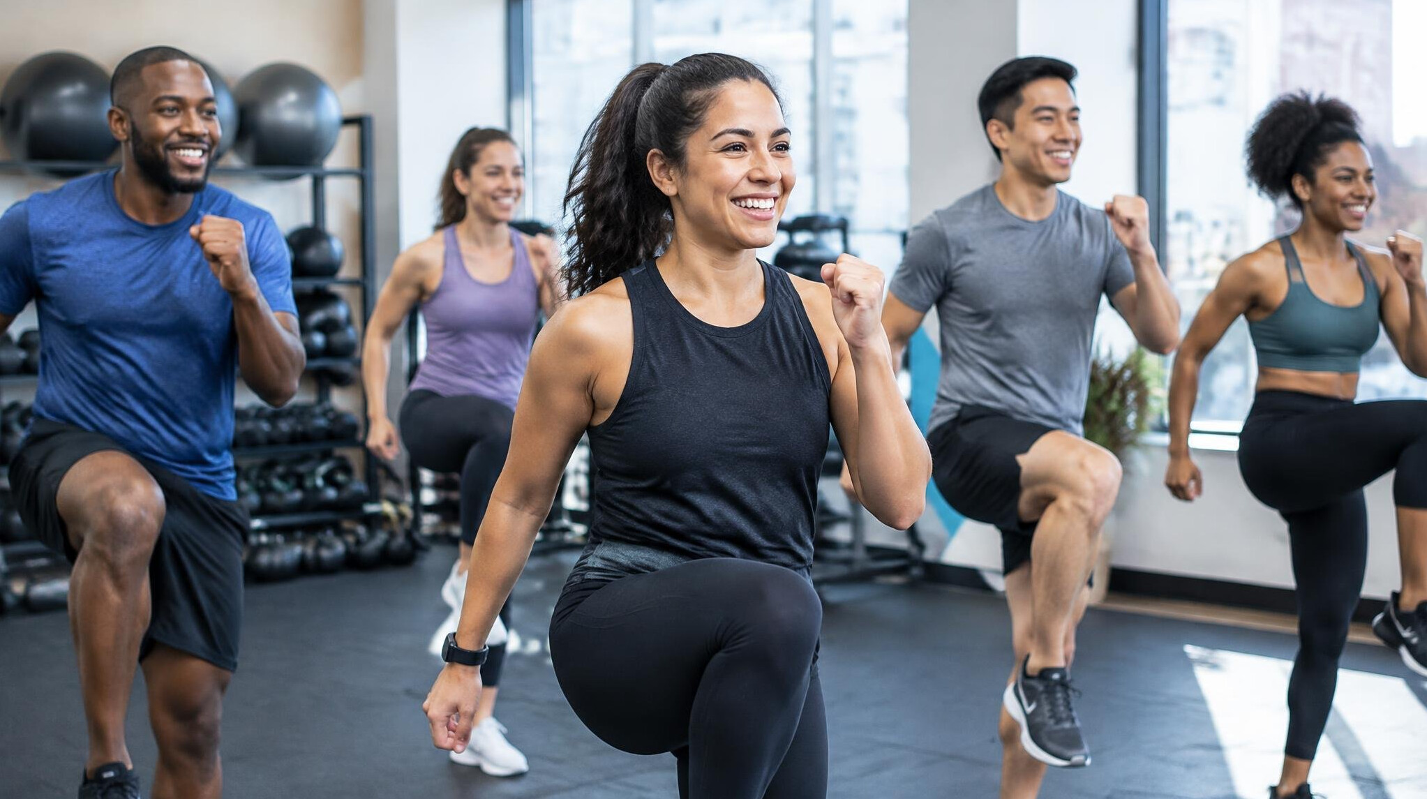 Group fitness class in a corporate gym