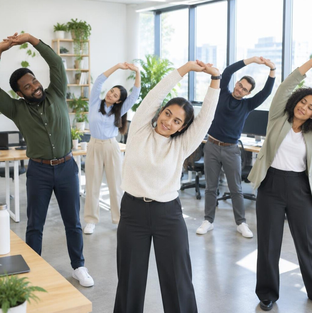 Colleagues stretching together before a workday