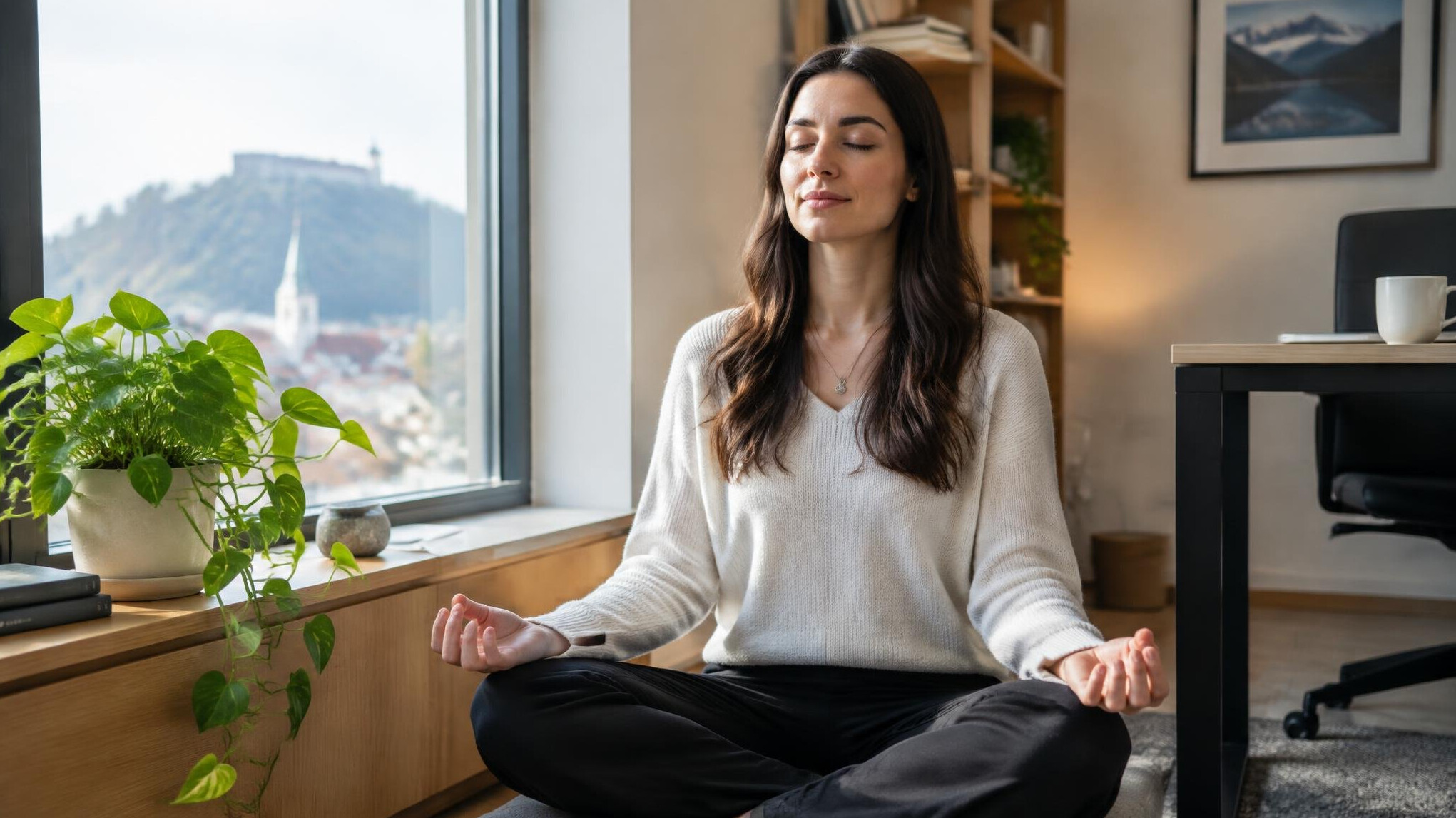 Person meditating calmly in a quiet office corner