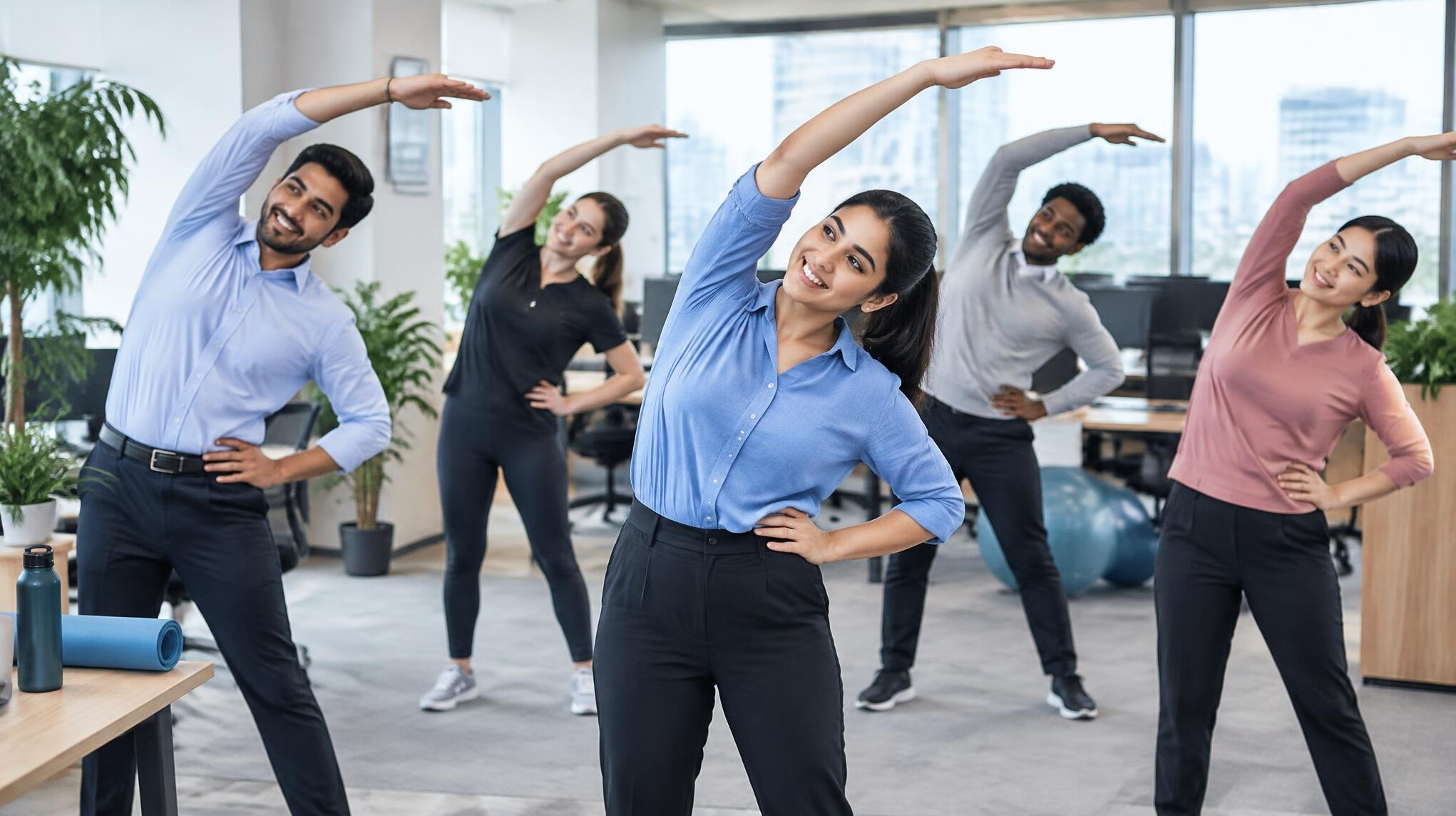 team of employees exercising in office