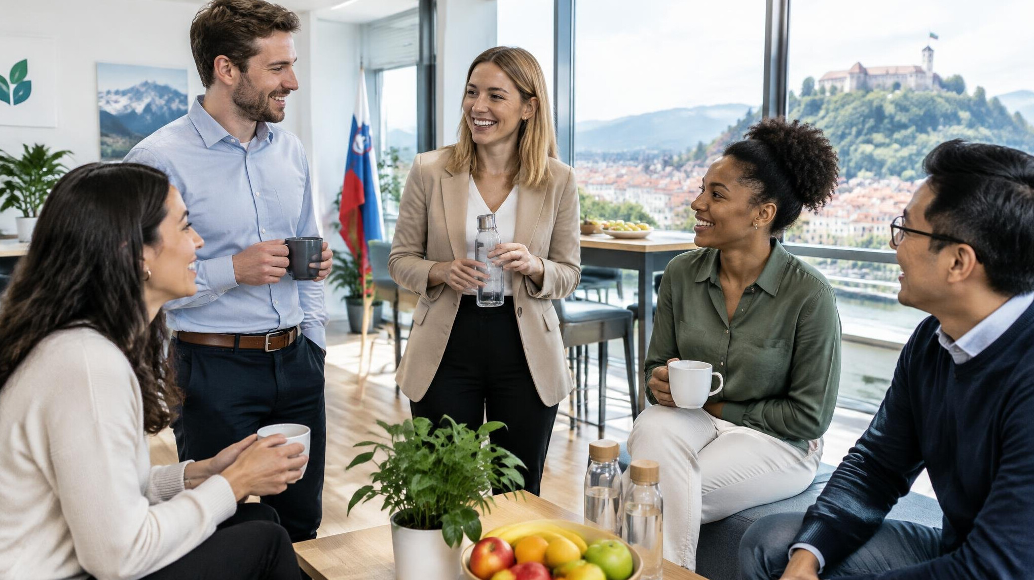 Diverse team of colleagues smiling during a wellness break in a bright office