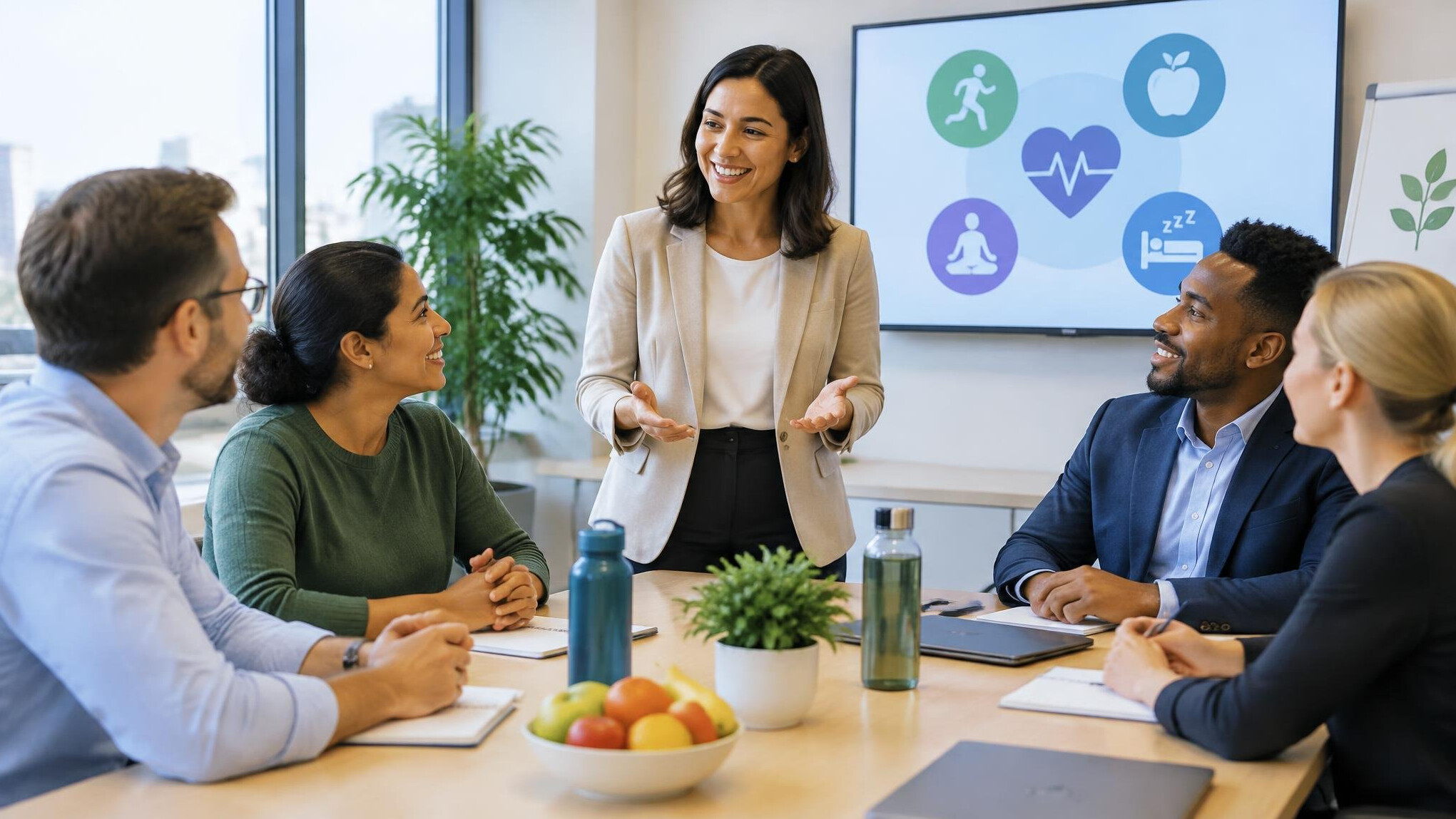 office team discussing wellness