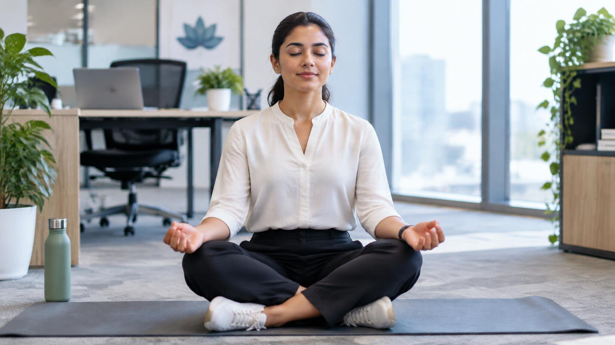 person meditating in office